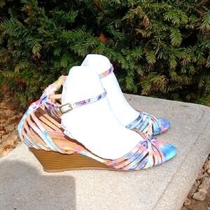 MONTEGO BAY CLUB Multi Color Sandal Open Toe Wedge Heel Ankle Strap Size 9